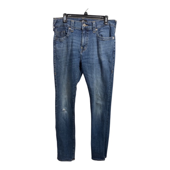 True Religion Jeans Mens Size 34 Blue Rocco Relaxed Skinny Denim Distressed - Picture 1 of 11